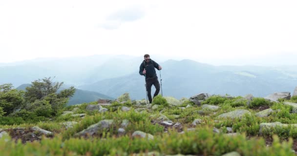 Dağlara Bir Gezi Bir Turist Sırt Çantası Çubuklarla Gider Yüksek — Stok video
