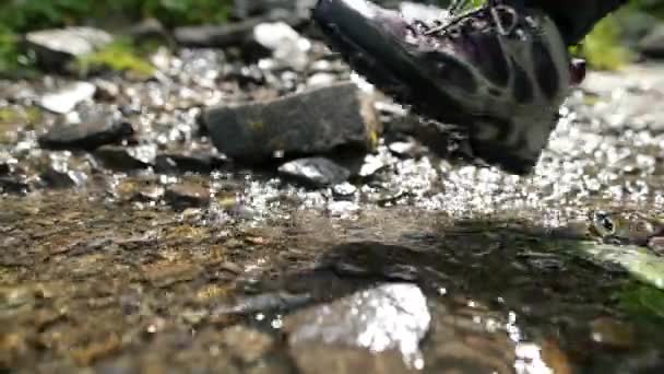 山に向かって川を歩く観光客の足のクローズアップ アクティブな人の旅行コンセプト — ストック動画