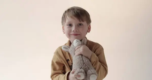 彼の手に柔らかい玩具を持った小さな男の子の肖像画 スタジオでの撮影 — ストック写真