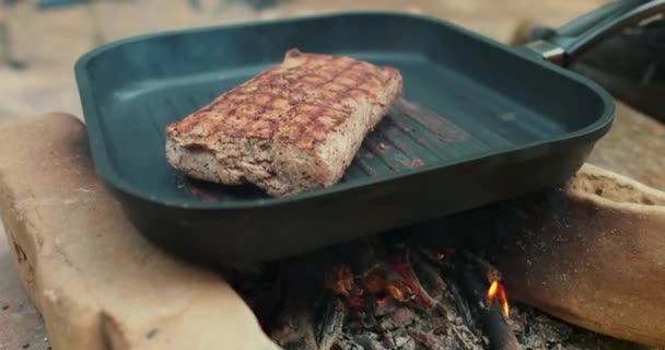 火で肉を焙煎し 自然の中で鍋にステーキを調理する 自然のバックグラウンドに肉を添えたパン — ストック動画
