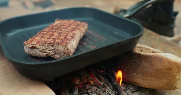 하이킹에 자연에서 스테이크 자연의 배경에 고기를 클로즈업 — 비디오