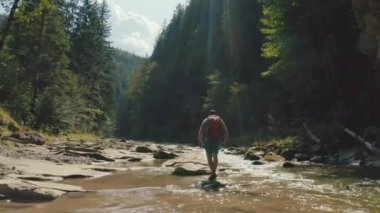 Dağ kanyonunda nehir boyunca yürüyen bir adamın hava görüntüsü. Dağ nehri boyunca tek bir turist yürüyüşü
