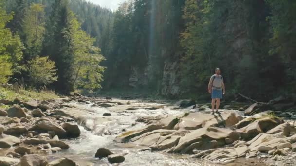 Aerial View Man Walking River Mountain Canyon Single Tourist Hike — Stock Video