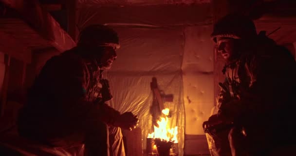 Soldier Chaplain Sit Each Other Dark Dugout Have Confessional Conversation — Stock Video
