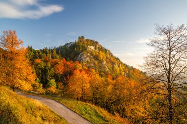 Günbatımında ortaçağ Vrsatec şatosunun harabesi ile sonbahar manzarası. Beyaz Karpat Dağları, Slovakya, Avrupa 'daki Vrsatec Ulusal Doğa Rezervi.