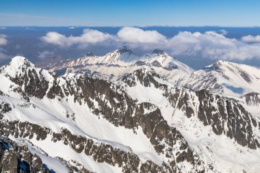 Snowy winter high mountain landscape. A panoramic view from the top of The Lomnicky peak in High Tatras National Park, Slovakia, Europe.