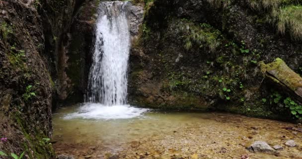 在欧洲斯洛伐克马拉法特拉国家公园的一个岩石峡谷中的一条野生溪流上的瀑布 慢动作4K 100Fps — 图库视频影像