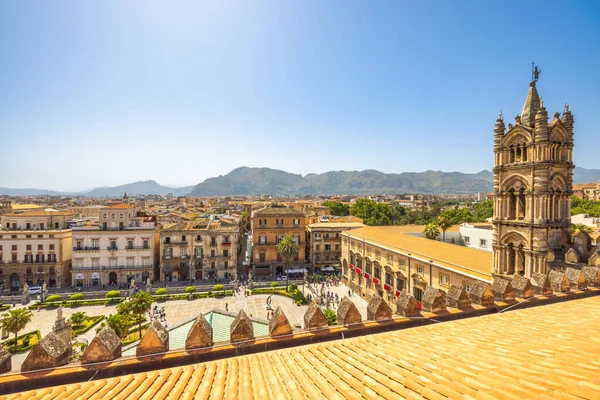 stock image PALERMO, ITALY - JULY 18, 2023: Palermo Cathedral, view of tower with cityscape from roof of cathedral, a major landmark and tourist attraction in capital of Sicily.