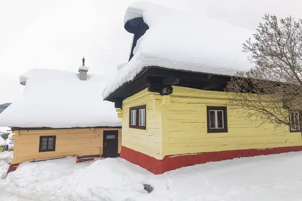 Folk Architecture Snowy Winter Landscape Vlkolinec Village Historical Colorfull Wooden — Stock Photo, Image