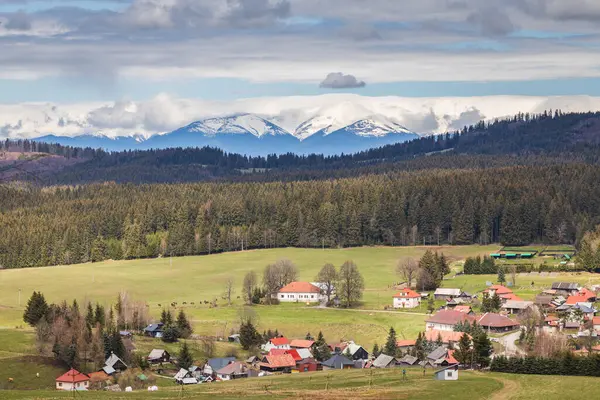 バックグラウンドの雪山の下の村との春の風景 スロバキア ヨーロッパの低タトラ国立公園の眺め ロイヤリティフリーのストック写真