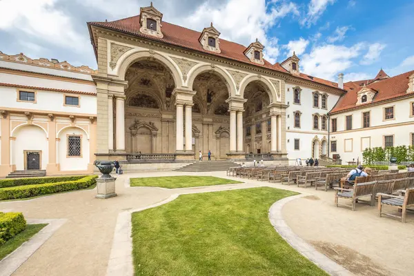 stock image PRAGUE, CZECH REPUBLIC - MAY 6, 2023: Wallenstein Palace Gardens, frontage with sala terrena (garden pavilion).