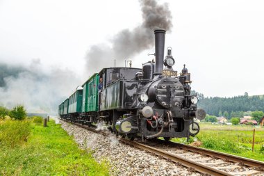 POLUVSIE, SLOVAKIA - 17 Ağustos 2019: Buharlı lokomotifli tarihi tren yolculuğu Zilina - Rajec, Slovakya.