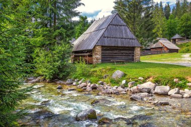 ZUBEREC, SLOVAKIA - 24 Ağustos 2020: Orava Köyü Müzesi 'nin doğal ortamında halk mimarisi binaları.