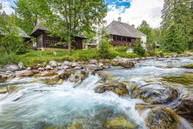 ZUBEREC, SLOVAKIA - 24 Ağustos 2020: Orava Köyü Müzesi 'nin doğal ortamında halk mimarisi binaları.