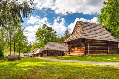 ZUBEREC, SLOVAKIA - 24 Ağustos 2020: Orava Köyü Müzesi 'nin doğal ortamında halk mimarisi binaları.