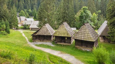 ZUBEREC, SLOVAKIA - 24 Ağustos 2020: Orava Köyü Müzesi 'nin doğal ortamında halk mimarisi binaları.