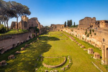 Roma, İtalya - 9 Mayıs 2022 Roma Forumu 'nun yukarısındaki Palatine Hill' deki antik Roma harabeleri.