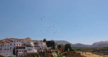 İspanya 'nın Ronda kasabası. Tepenin yamacında yuvalanmış beyaz bir köy, açık mavi gökyüzüne karşı uçan bir kuş sürüsüyle..