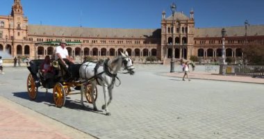 Seville, İspanya - 8 Eylül 2024: İspanya 'nın başkenti Endülüs' teki Plaza de Espana Meydanı. Tarihi bir meydanda at arabası gezintisi, güneşli bir gün, turistler gezintiden keyif alıyorlar..