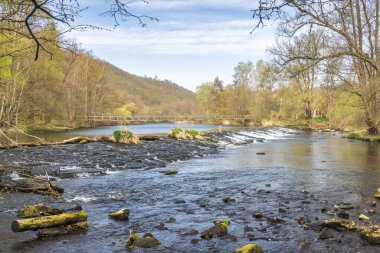 Çek Cumhuriyeti 'nin Güney Moravya Bölgesi, Avrupa' daki Znojmo kasabası yakınlarındaki Podyji Ulusal Parkı 'ndaki Dyje Nehri.