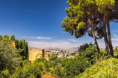 İspanya 'nın Granada kasabası. Vadideki tarihi bir şehrin panoramik manzarası. Yüksek ağaçlarla dolu yemyeşil bir bahçeden görülüyor. Mavi gökyüzü ve dağlar sahneyi tamamlıyor.