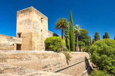 Granada kasabasındaki Alhambra kompleksi, Endülüs, İspanya. Bir kulesi olan antik taş kale duvarı, yemyeşil ve parlak mavi gökyüzünün altında palmiye ağaçları..