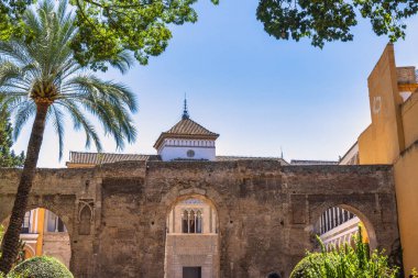 Sevilla 'nın Alcazar' ı, Sevilla kasabasındaki tarihi kraliyet sarayı, Endülüs, İspanya. Kemerli eski tuğla duvar, bir palmiye ağacı ve açık mavi gökyüzünün altında fayanslı çatısı olan bir bina..