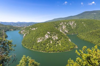 Bosna-Hersek, Avrupa 'daki Vrbas Nehri' ndeki kanyon. Bereketli yeşil ormanları ve açık mavi gökyüzünün altında sarp kayalıkları olan yemyeşil nehir vadisi. Yükselmiş bir bakış açısından sakin doğa sahnesi.