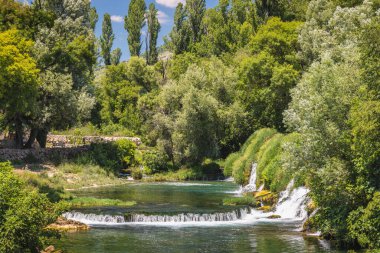 Veljaci köyünde Kocusa şelalesi, Bosna-Hersek, Avrupa. Bereketli yeşilliklerin arasında akan manzaralı şelaleler güneşli bir günde dingin ve canlı bir doğal manzara yaratıyor..