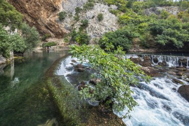 Blagaj Tekke manastırı yakınlarındaki Buna Nehri, Bosna-Hersek, Avrupa. Sahne şelalesi yemyeşil bir arazide şelale gibi akıyor, sakin ve resimsel bir doğal ortam yaratıyor..