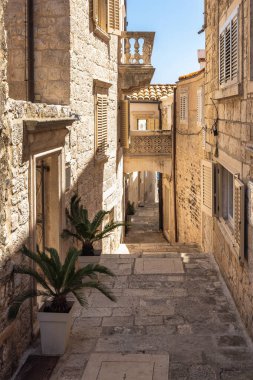 Hırvatistan, Avrupa 'daki Adriyatik Denizi' nin Korcula adasındaki Korcula kasabası. Binalarla dolu, parlak gökyüzünün altındaki saksı bitkilerinin noktaladığı, eski bir kasabanın içinden geçen pitoresk taştan bir ara sokak..