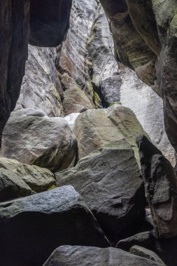 Adrspach-Teplice Rocks, sandstone formations in Hradec Kralove Region in Czech Republic, Europe. Deep gorge framed by towering rock formations, hinting at the geological wonder and impressive scale.