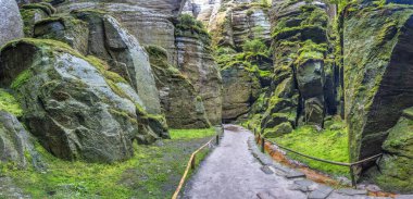 Adrspach-Teplice Rocks, sandstone formations in Hradec Kralove Region in the Czech Republic, Europe. Pathway winding through tall mossy rock formations, inviting exploration of nature's wonders.