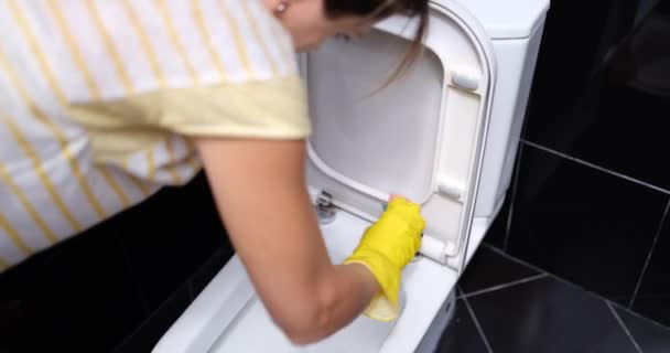 Dona Casa Limpa Casa Banho Lava Vaso Sanitário Branco Mulher — Vídeo de Stock