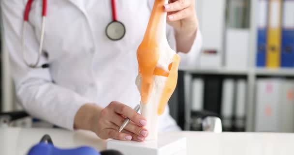 治疗师在模型上解释膝关节疼痛 专业骨科护理概念 — 图库视频影像