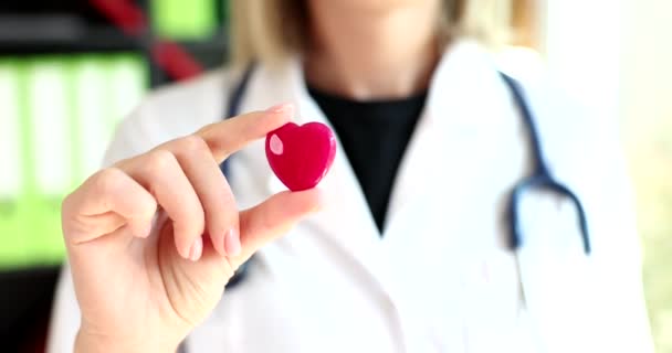 病院で彼の手の中に赤いおもちゃの心臓を保持する医師心臓科医は 4K映画スローモーションを閉じます 移植心臓提供の考え方 — ストック動画