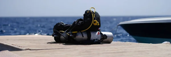 Diving Equipment Lying Wooden Bridge Sea Extreme Sports Concept — стоковое фото