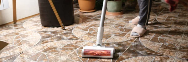 Woman Housewife Cleaning Floor Cordless Vacuum Cleaner Closeup House Cleaning — Stock Photo, Image