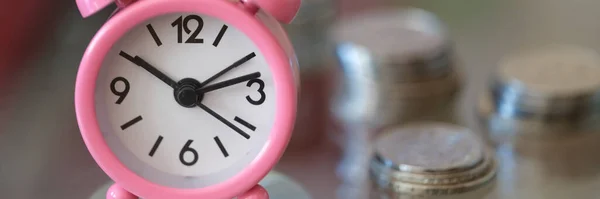 Pink Alarm Clock Compass Stacks Coins Credit Success Growing Money — Photo