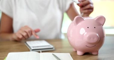 Elektrik kablosu takılı domuz kumbarası ve bir insan hesap makinesinde elektrik masraflarını sayıyor. Vergi zamanı fatura ödemesi ve USD hesaplama ve ödeme hesaplaması