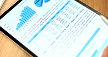Çalışan tabletin üzerinde numaralar ve analizlerin olduğu bir mali tablo. Vergi hesaplama ve iş analizleri ve borsa başarı kavramı