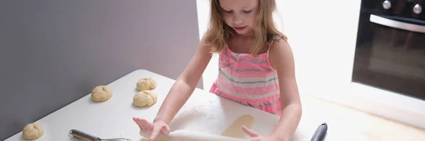 Child Girl Rolling Pin Baking Cookies Dough Children Cooking Concept — Stock Photo, Image