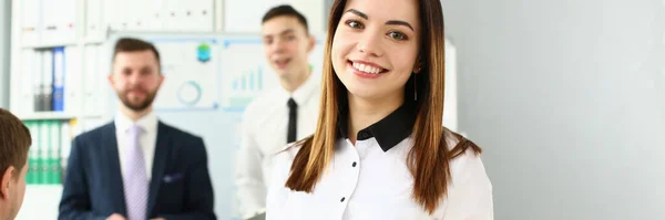 Portrait Smiling Manager Posing Colleagues Office Stylish Look Work Businesswoman — Stok fotoğraf