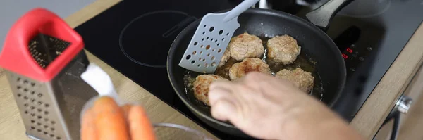 Top View Man Frying Meat Balls Pan Kitchen Stove Freshly — Stok fotoğraf