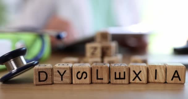 Dyslexia Inscription Wooden Cubes Shallow Focus Treatment Mental Illness Child — Stock Video
