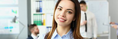 Portrait of smiling businesswoman stand with clipboard, manager analysing statistics date. Business, teamwork, developing new project or startup concept