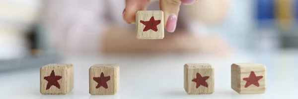 Close Hands Customer Holding Cube Wooden Block Five Star Vote — Stockfoto
