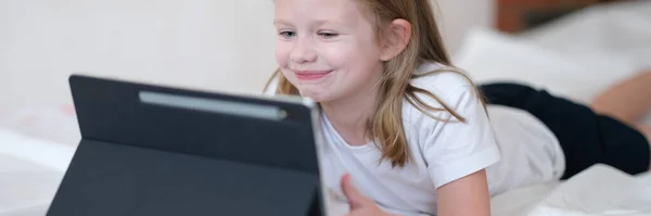 Portrait Smiling Cheerful Kid Having Fun Modern Tablet Happy Girl — Zdjęcie stockowe