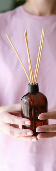 Close Woman Holding Aroma Reed Diffuser Home Fragrance Bottle Rattan — Photo