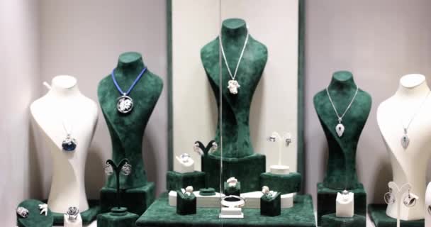 ファッションブティックでは 貴金属製のジュエリーを紹介 銀と金の宝石店 — ストック動画